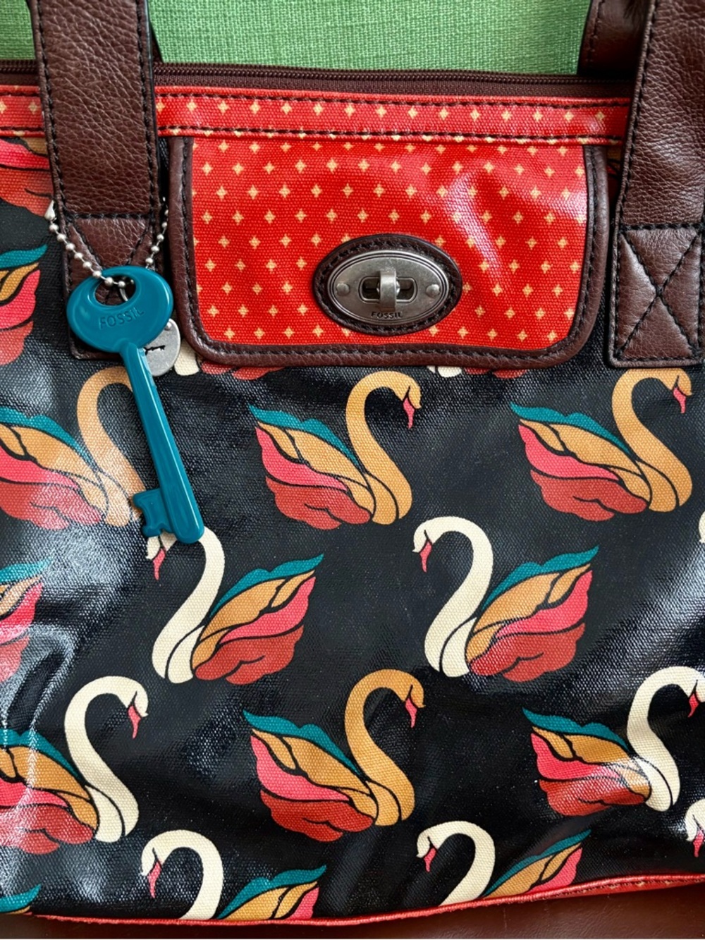 Women's Fossil Key Swan Print Tote Bag in Black and Red - Picture 2 of 6